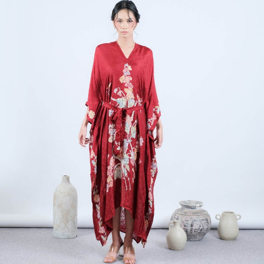 Sehen Sie glamourös aus mit Premium-Batik-Kaftan – Encim Maroon-Motiv, Batik-Kaftan für Damen, Damenkleid, Damenbluse, Batikbluse, Ethno-Kleid 
