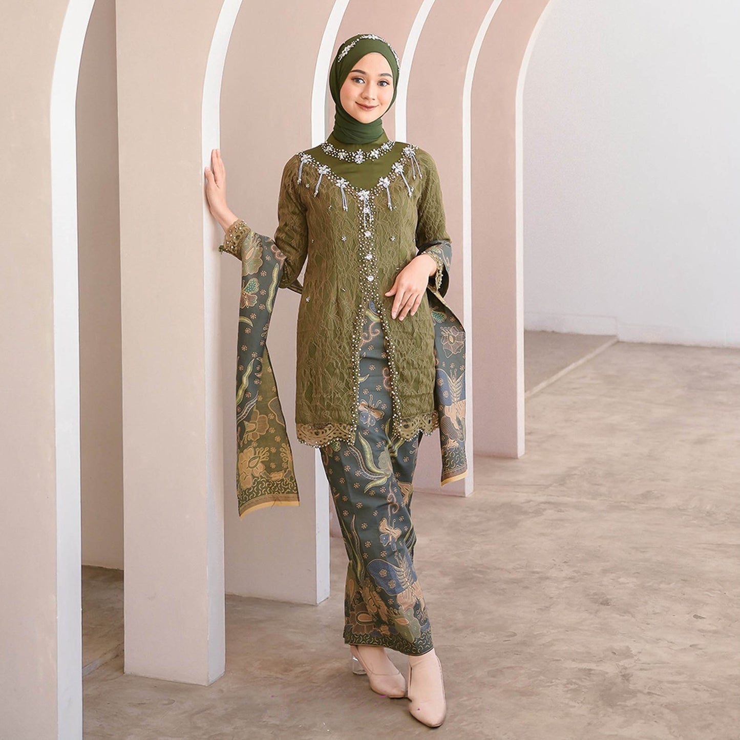 Army Green Charm: Anggita's Charming Batik Kebaya Dress, Kebaya Dress, Kebaya Modern, Kebaya Encim, Kebaya Skirt, Kebaya Set