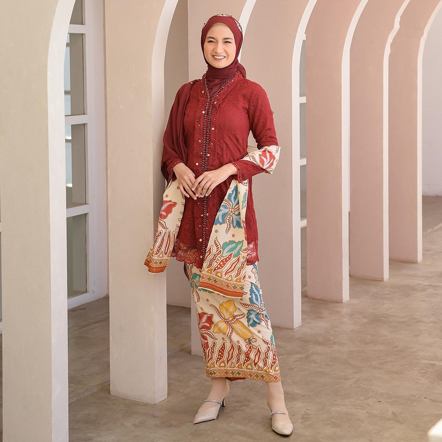 Classic Combination: Sabrina Maroon Modern Batik Kebaya Suit, Kebaya Dress, Kebaya Modern, Kebaya Encim, Kebaya Skirt, Kebaya Set
