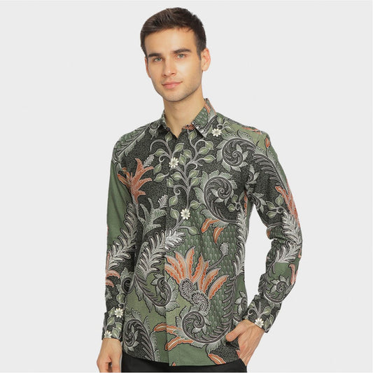Elegant and Trendy Slimfit Kiran Olive Mens Batik Shirt Long Sleeve, Stylish Men, Men Batik, Batik Shirt, Formal Shirt For Men, Batik Cotton