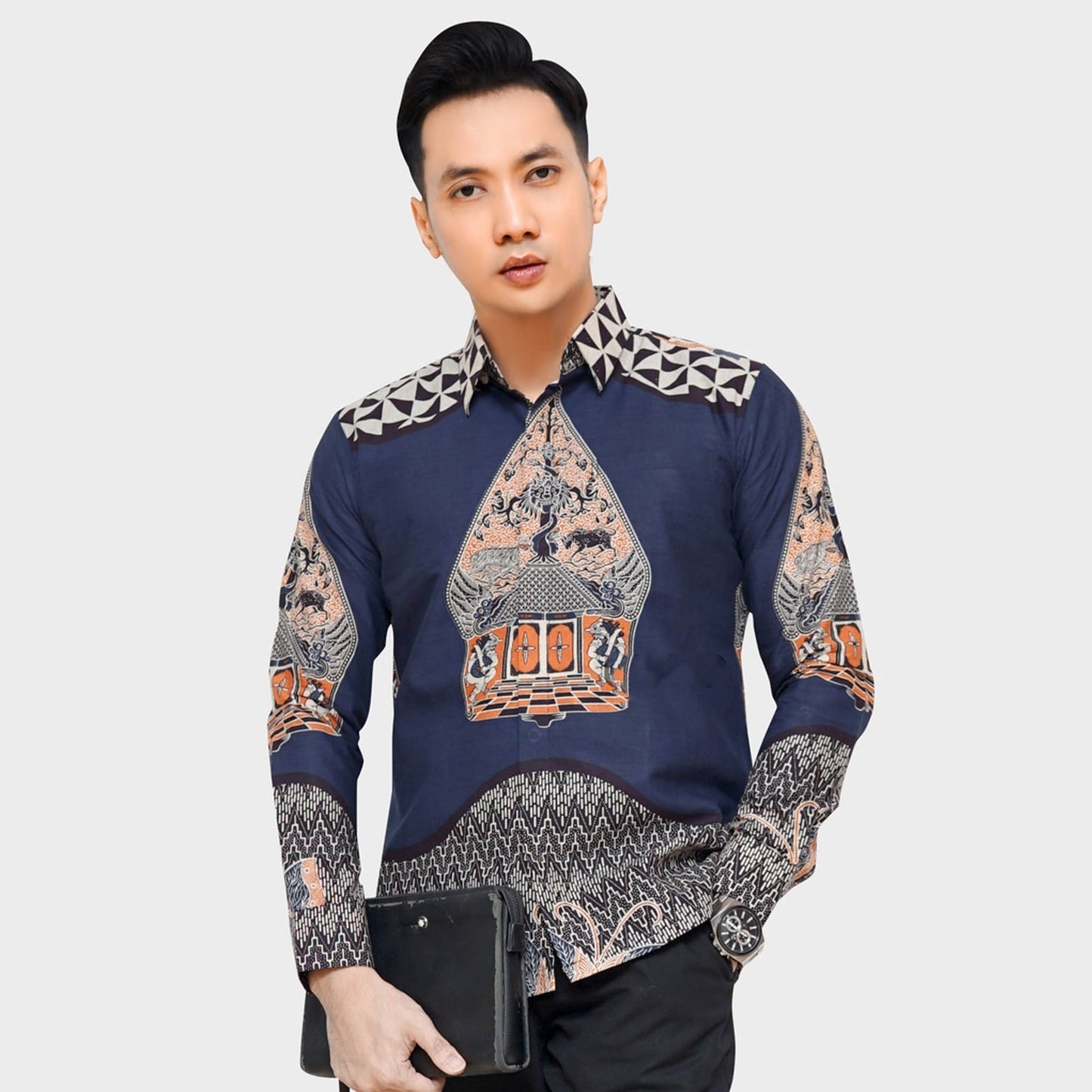Gunungan Sindoro Navy Batik Motif: Handara Modern Men's Shirt, Stylish Men, Men Batik, Batik Shirt, Formal Shirt For Men