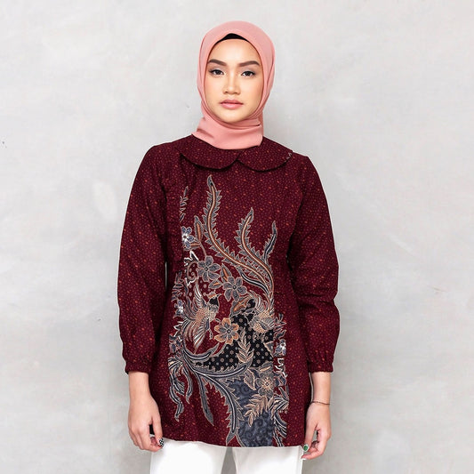 Women's Adyatma Batik Tunic: Undeniable Elegance in Maroon, Batik Women, Batik Blouse, Blouse For Women