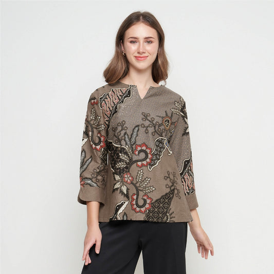 Elegant Women's Batik Blouse - Brown Long Sleeve Top, Women's Blouse, Batik Blouse, Designer Blouse, Women's Blouse
