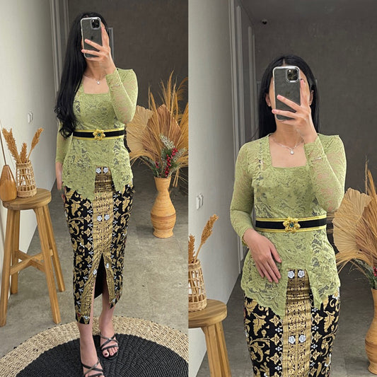Balinese Kebaya Set Brukat Sage Green: Elegant Long Design for a Sophisticated Look, Kebaya Dress, Kebaya Modern, Kebaya Encim, Kebaya Set