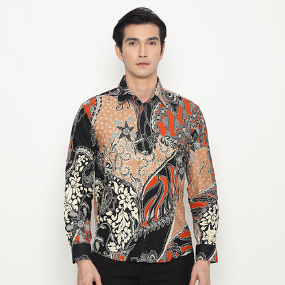 Long Sleeve Modern Batik Shirt with a Classic Touch: Wandira Black Orange, Stylish Men, Men Batik, Batik Shirt, Formal Shirt For Men