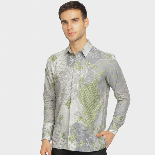 Latest Men's Batik: Regfit Gyan Gray Long Sleeve Shirt, Stylish Men, Men Batik, Batik Shirt, Formal Shirt For Men, Batik Cotton