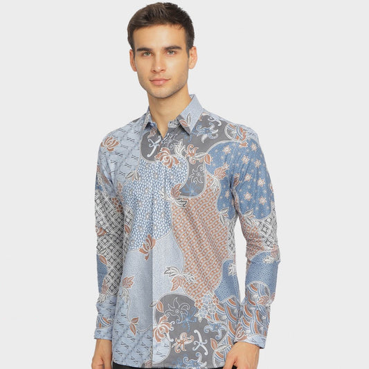 Stylish Look: Men's Long Sleeve Gyan Blue Slimfit Batik Shirt, Stylish Men, Men Batik, Batik Shirt, Formal Shirt For Men, Batik Cotton