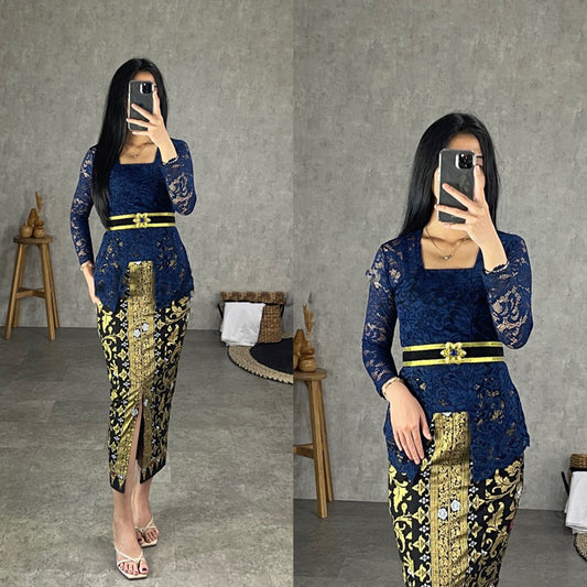 Balinese Kebaya Set Navy Long Brukat: Elegant Long Design for a Sophisticated Look, Kebaya Dress, Kebaya Modern, Kebaya Set