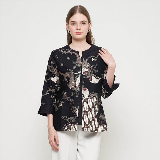 Langärmeliges Batik-Top für Damen – trendiger Look mit kastanienbraunen Motiven, Damenbluse, Batikbluse, Designer-Bluse, Damenbluse 