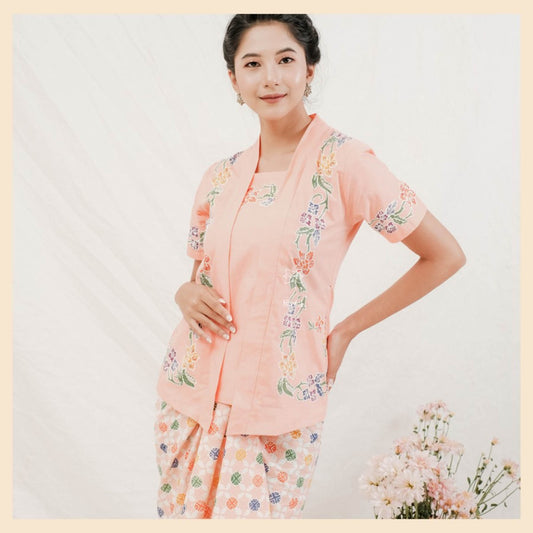 Peach Batik Encim Kebaya - A Bright Touch for a Graceful Appearance, Kebaya Dress, Kebaya, Kebaya Modern, Kebaya Encim, Kebaya Skirt