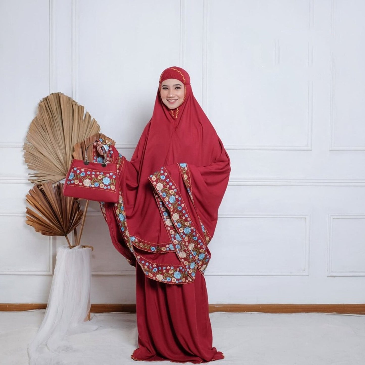 Adult Mukena with a Touch of Adella Maroon Embroidery, Muslim prayer outfit, Gamis dress, Prayer dress women, Jilbab dress, Hijab dress