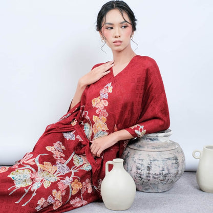 Look Glamorous with Premium Batik Kaftan - Encim Maroon Motif, Batik Kaftan for Women, Women Dress, Women Blouse, Batik Blouse, Ethnic Dress
