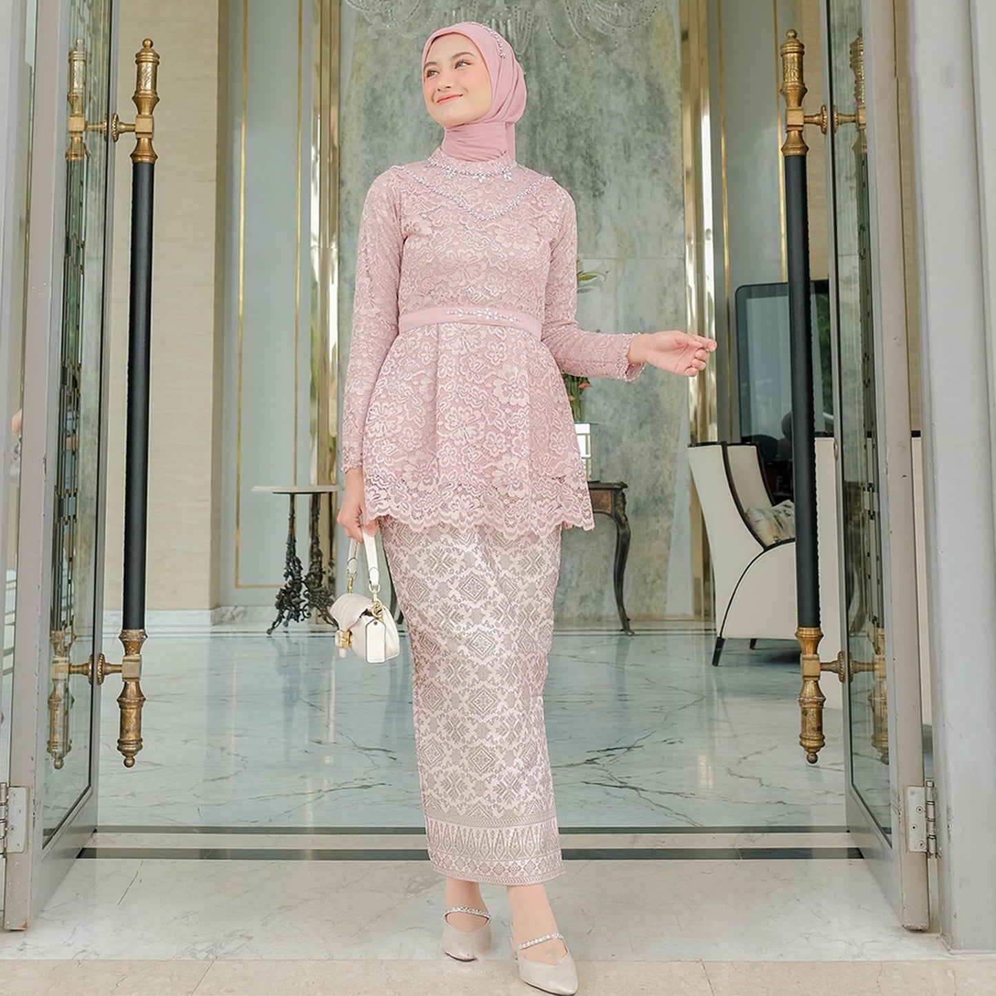 Graceful and Different Style: Ameena Rose Gold Modern Batik Kebaya Suit, Kebaya Dress, Kebaya Modern, Kebaya Encim, Kebaya Skirt, Kebaya Set