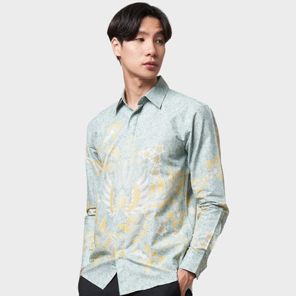 Moderne Batik-verfijning: Slimfit Hira Green Batik-shirt voor heren, stijlvolle mannen, herenbatik, batik, batik-shirt, formeel shirt voor heren