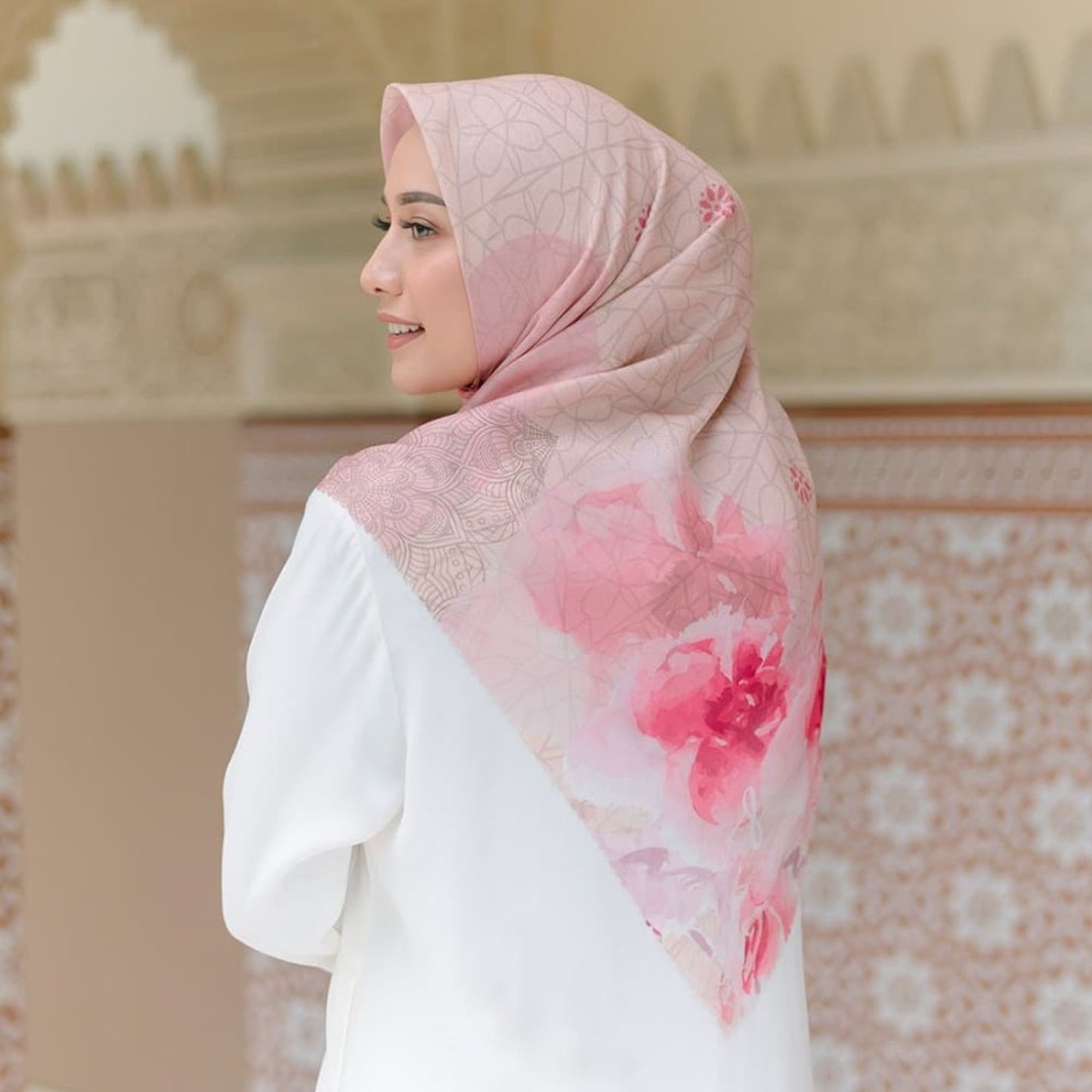 A combination of elegant and modern in the Sahrish Series Blooming Sahara rectangular headscarf, Hijab, Scarf, Hijab for Muslim, Women Hijab