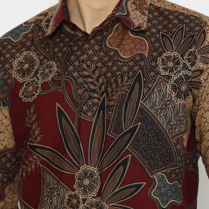 Trendy Batik Style: Sutawijaya Maroon Long Sleeve Men's Shirt, Stylish Men, Men Batik, Batik Shirt, Formal Shirt For Men