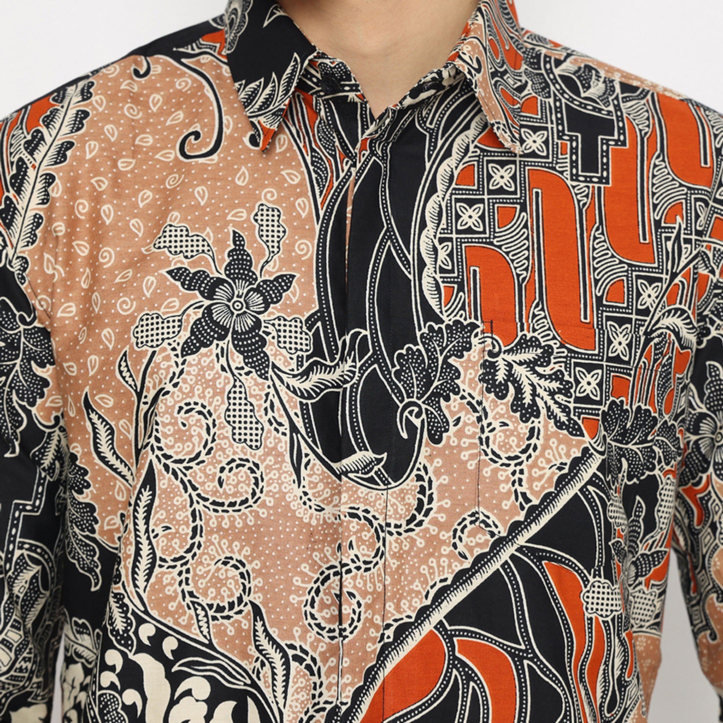 Long Sleeve Modern Batik Shirt with a Classic Touch: Wandira Black Orange, Stylish Men, Men Batik, Batik Shirt, Formal Shirt For Men
