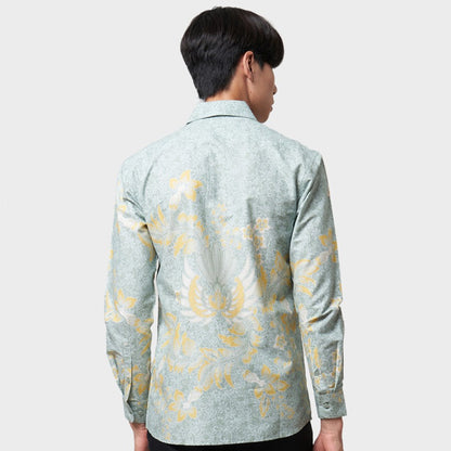 Moderne Batik-verfijning: Slimfit Hira Green Batik-shirt voor heren, stijlvolle mannen, herenbatik, batik, batik-shirt, formeel shirt voor heren