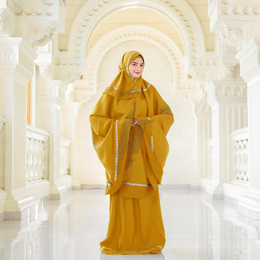 Vergoldete Eleganz Dionisia Mukena Prisket für Erwachsene in luxuriösem Gold, Gebetsset für Frauen, Gebetskleid, Mukena, Gebetsset