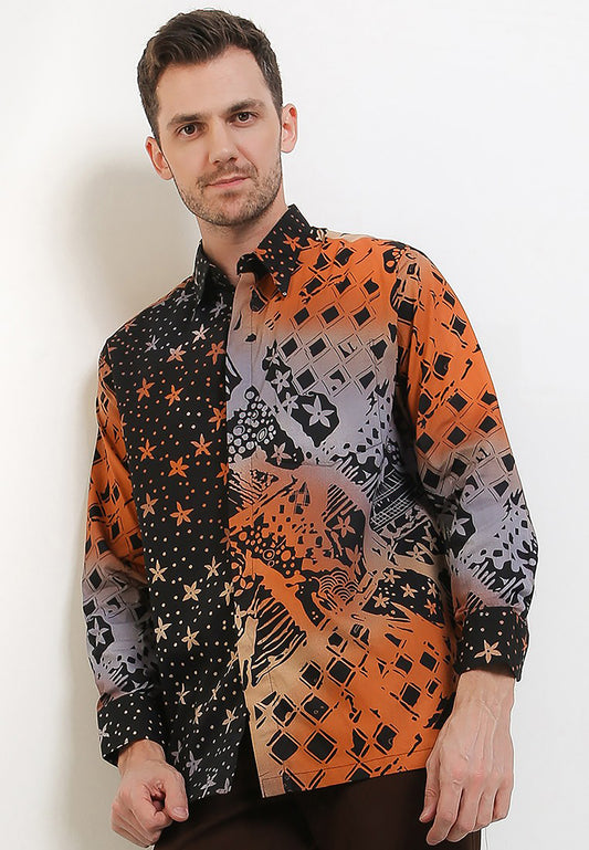 Arjuna Weda Heren Batik Shirt Regenboogpatroon met opvallende accenten, Mannen Batik, Batik, Mannen Batik Shirt, Mannen Batik Shirts
