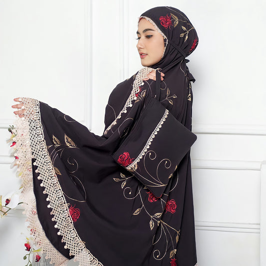 Timeless Elegance Zain Premium Cotton Prayer Gown with Exquisite Rose Embroidery, Prayer Dress, Mukena, Prayer Set, Prayer clothes