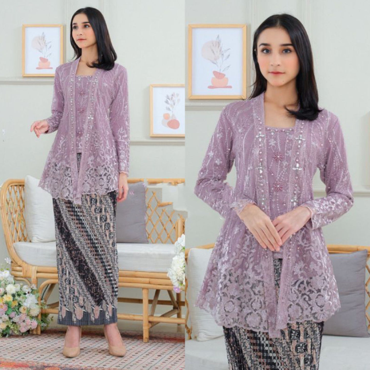 Elegant Women's New Kebaya Set with Pearl Sequins and Full Embroidery Detailing