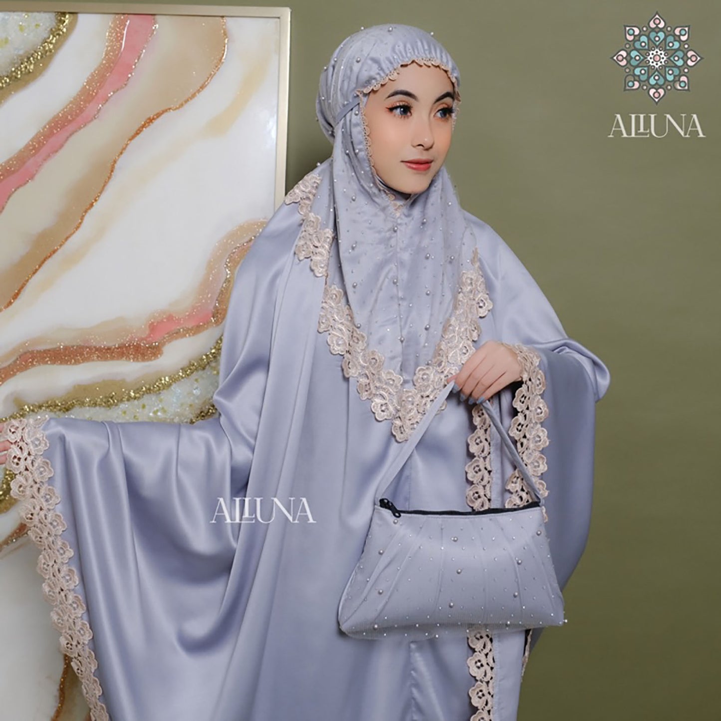 Adult Mukena Silk Luxurious Tile Pearl Angela Muslim Prayer Dress