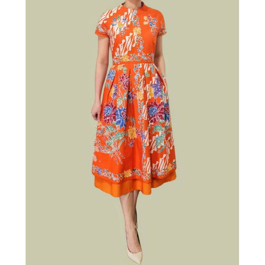 Encim High Neck Dress Batik in Orange