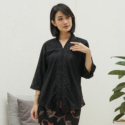 Elegant in Black Jumbo Size Encim Kebaya with Floral Lace and Brukat Details