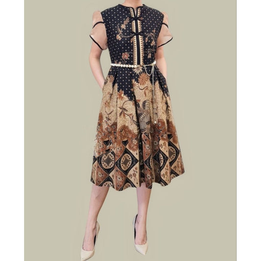 Batik Ritta Dress with Organza Sleeves and Pearl Chain Belt