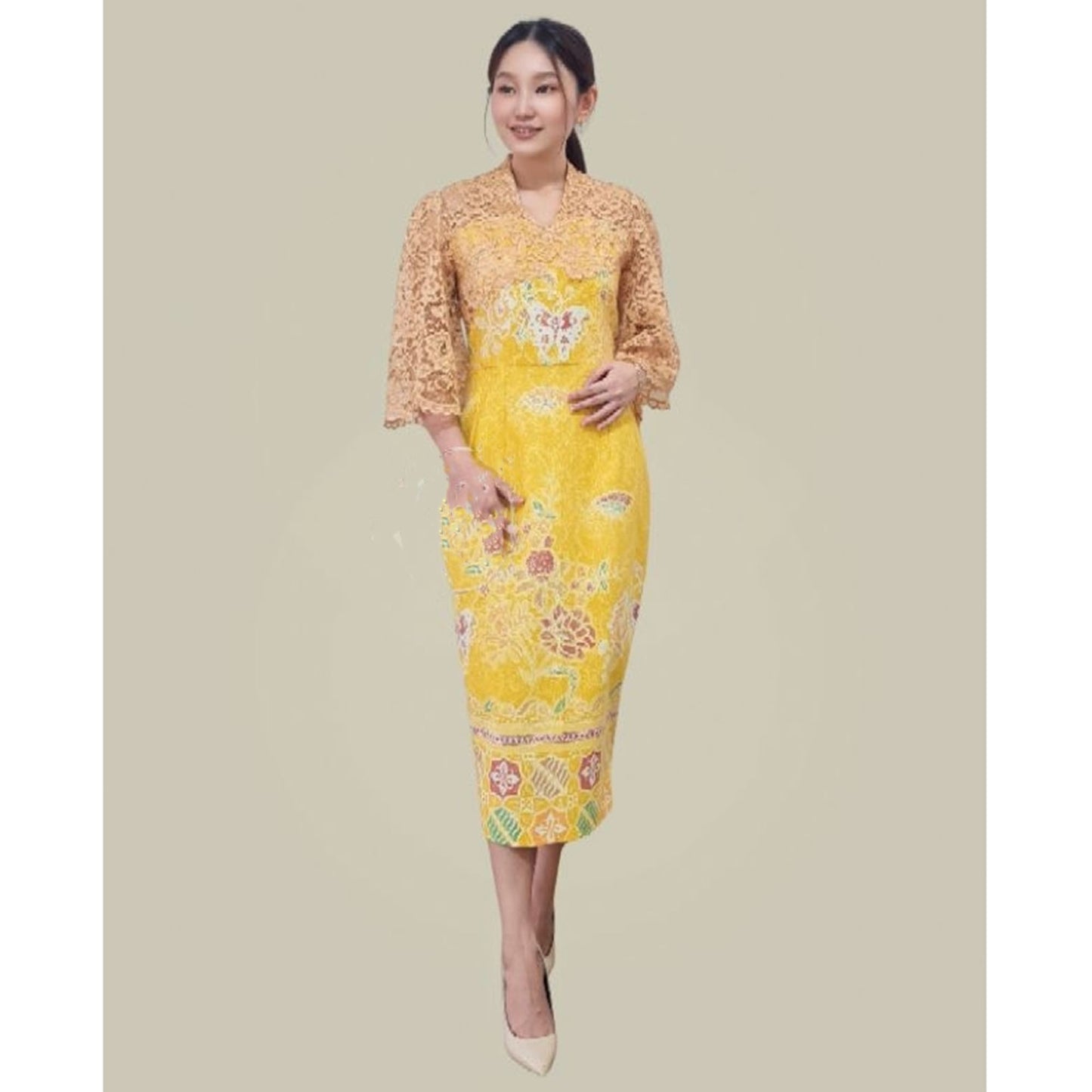 Cut Out Encim Yellow Dress Batik Modern Party Brukat Combination