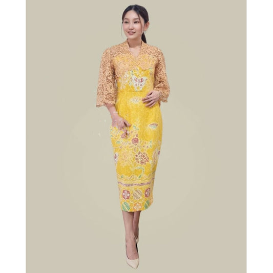 Cut Out Encim Yellow Dress Batik Modern Party Brukat Combination