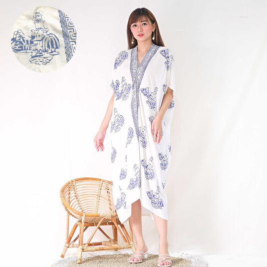 Pagode witte batik kaftan jurk moderne en elegante midi kaftan