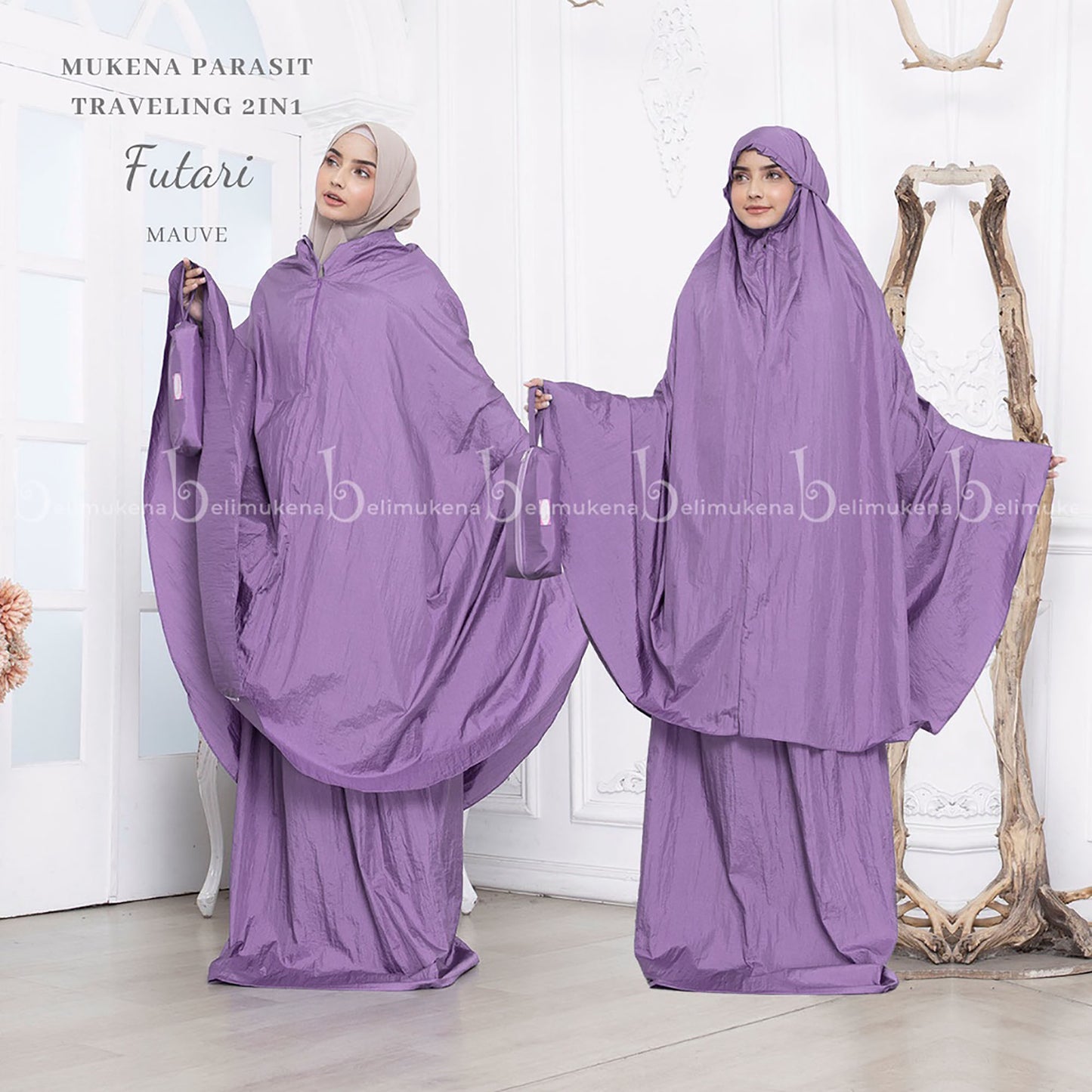 Premium Travel 2in1 Futari Plain Parachute Adult Mukena Muslim Prayer Dress