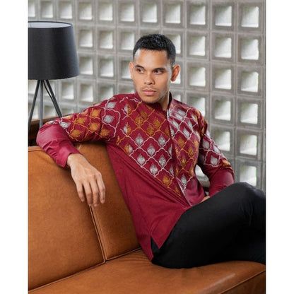 Men's Embroidered Shirt Aydin Maroon Traditional Elegance with a Modern Twist,Men Batik,Batik,Men Batik Skirt