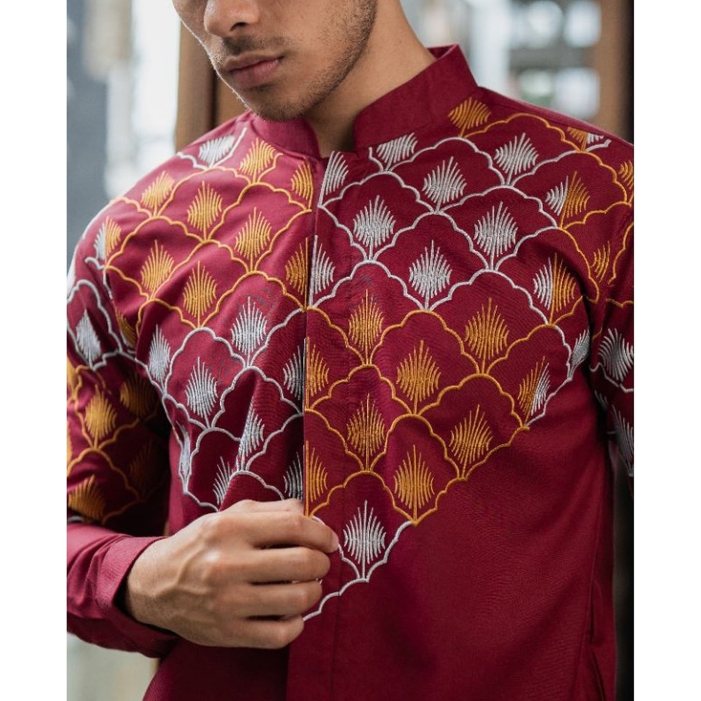 Men's Embroidered Shirt Aydin Maroon Traditional Elegance with a Modern Twist,Men Batik,Batik,Men Batik Skirt