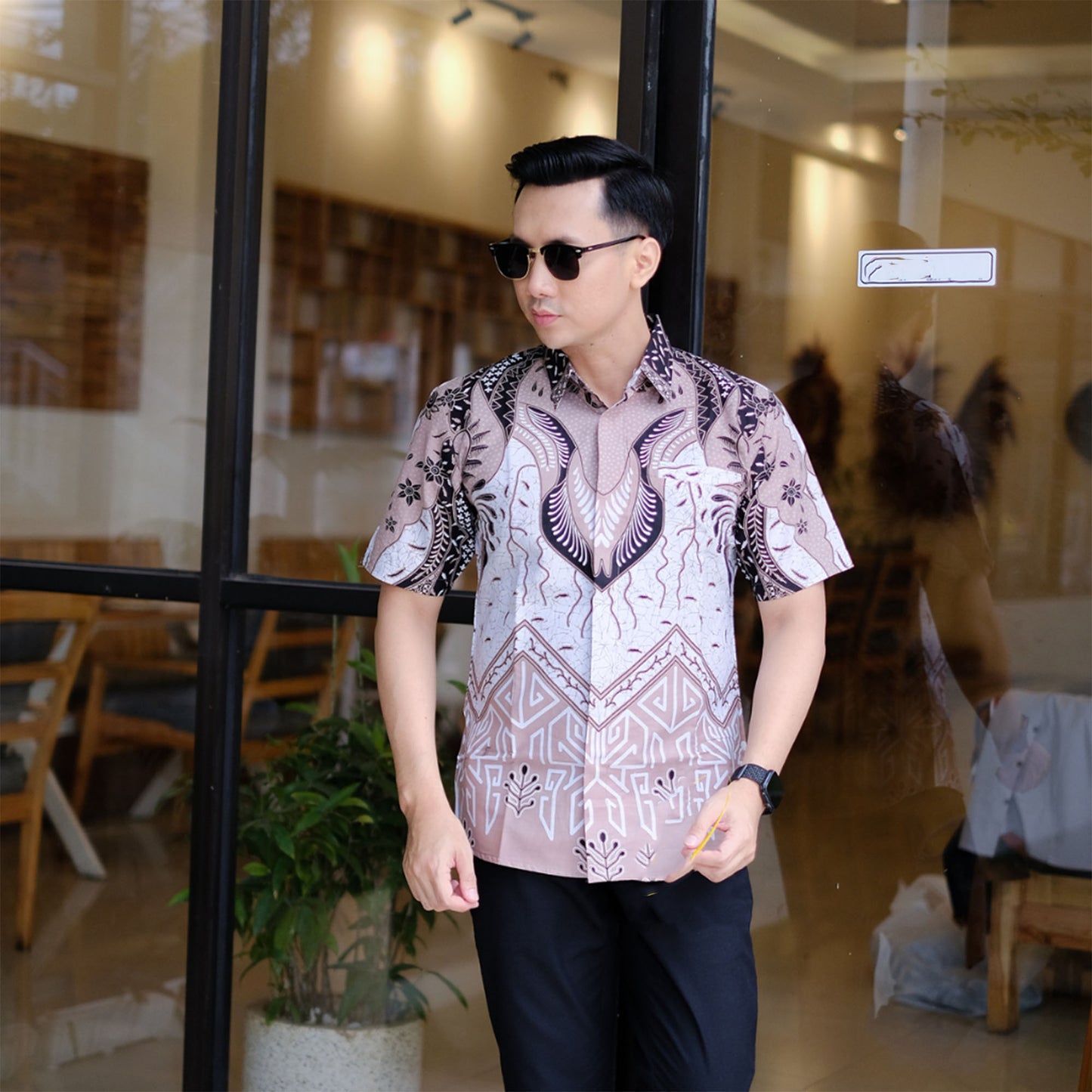 Modern Batik Style Alimukti Motif Men's Short Sleeve Batik Shirt in Mocca