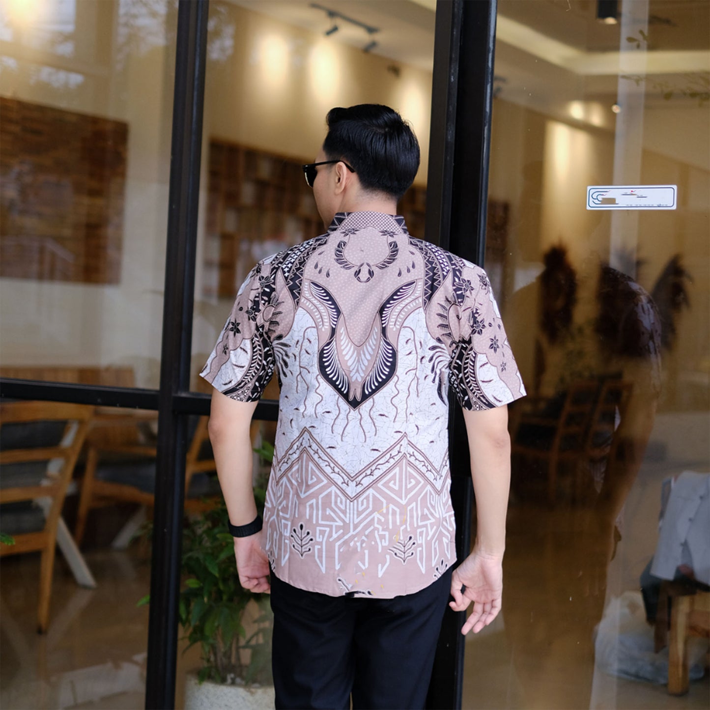 Modern Batik Style Alimukti Motif Men's Short Sleeve Batik Shirt in Mocca