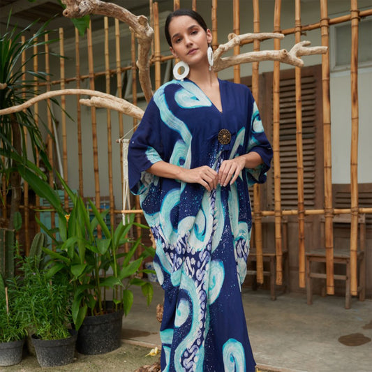 Rinjanie Avon Women's Batik Kaftan Senja in Blue Silk Cerutti