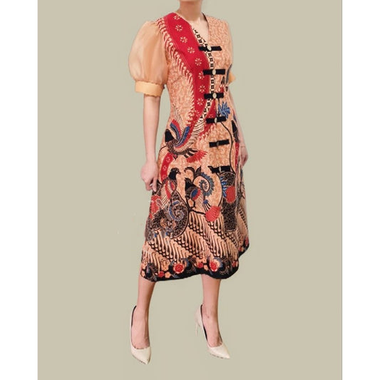 Puffy Sleeve Dress Batik with Organza Combination