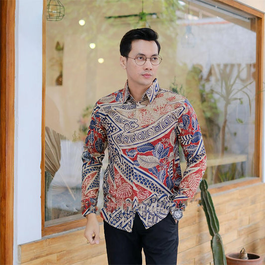 Regal Elegance Arya Red Leaf Long-Sleeved Men's Batik Shirt at Sendang Batik, Men Batik, Men Batik Shirt, Men Shirt