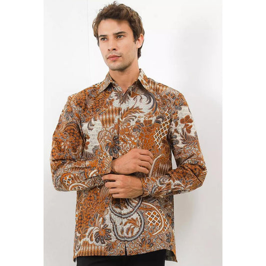 Krisna Batik Aldi Elegant Sogan Katun Long Sleeve Batik Shirt in Aldi Brown, Men Batik, Men Batik Shirt, Men Shirt
