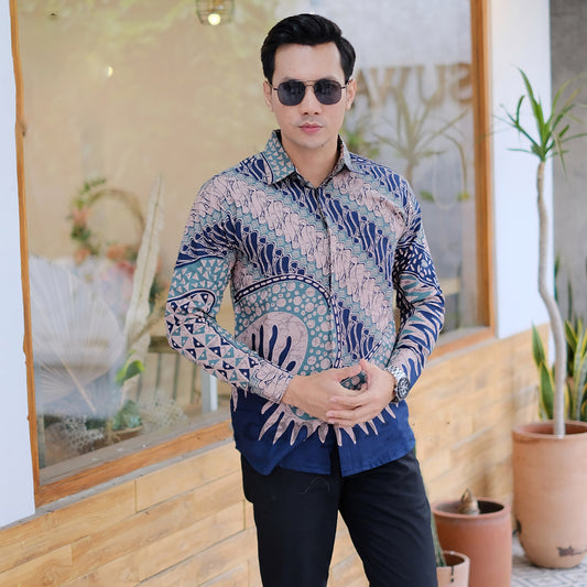 Parang Navy Timeless Elegance in Sendang Batik's Long-Sleeve Men's Batik Shirt, Men Batik, Men Batik Shirt, Men Shirt