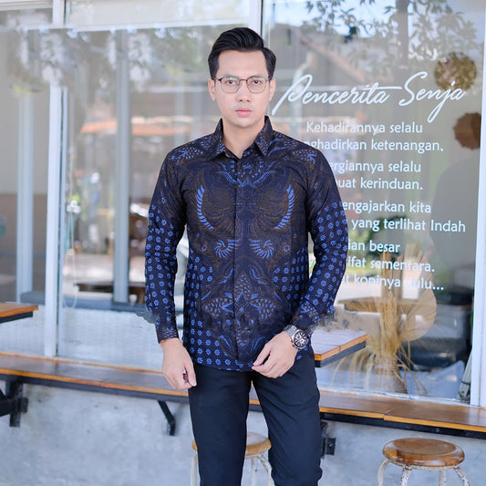 Blue Dara Exquisite Long-Sleeve Batik Shirt for Men from Sendang Batik, Men Batik, Men Batik Shirt, Men Shirt