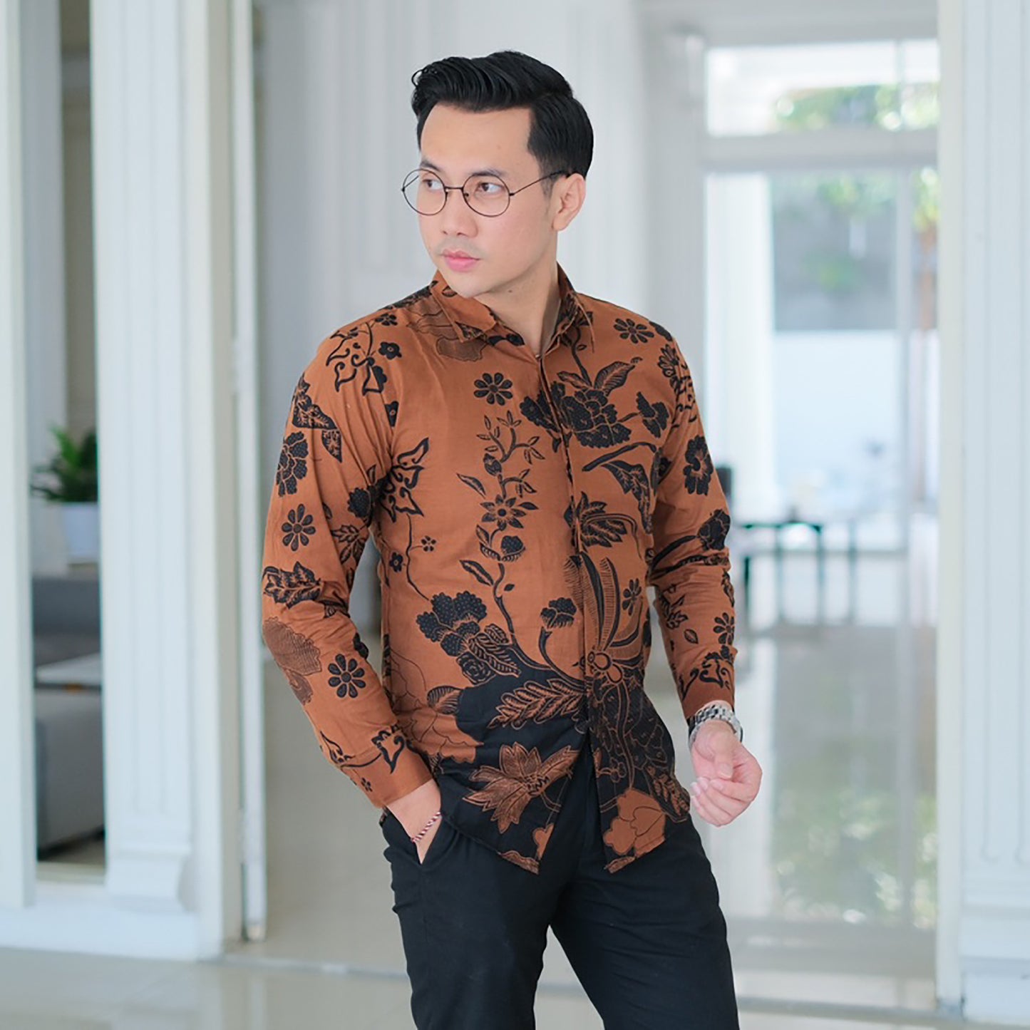 Floral Elegance Bianca's Long Sleeved Men's Batik Shirt in Sogan Flower Pattern, Men Batik, Men Batik Shirt, Men Shirt, Batik Shirts