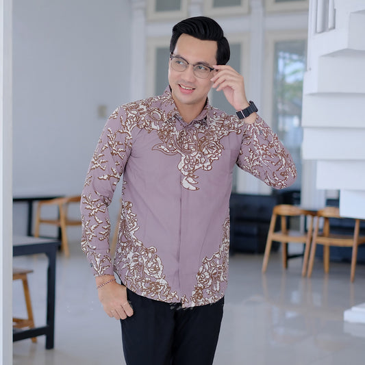 Pastel Purple Lesmana Timeless Elegance in Men's Long-Sleeve Batik Shirt from Sendang Batik, Men Batik, Men Batik Shirt, Men Shirt