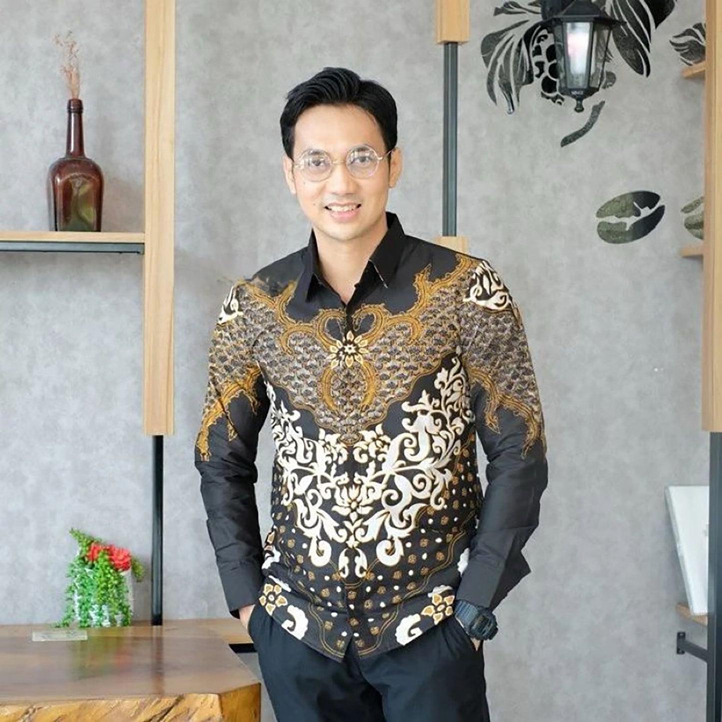 Bold Elegance Bianca Batik Black Kesang Men's Long Sleeve Shirt, Men Batik, Men Batik Shirt, Men Shirt, Batik Shirts